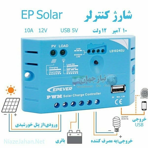 خرید شارژ کنترلر EP Solar مدل ۱۰ آمپر EP Solar LS-EU 1024 EU PWM 10A شارژ کنترلر EP Solar